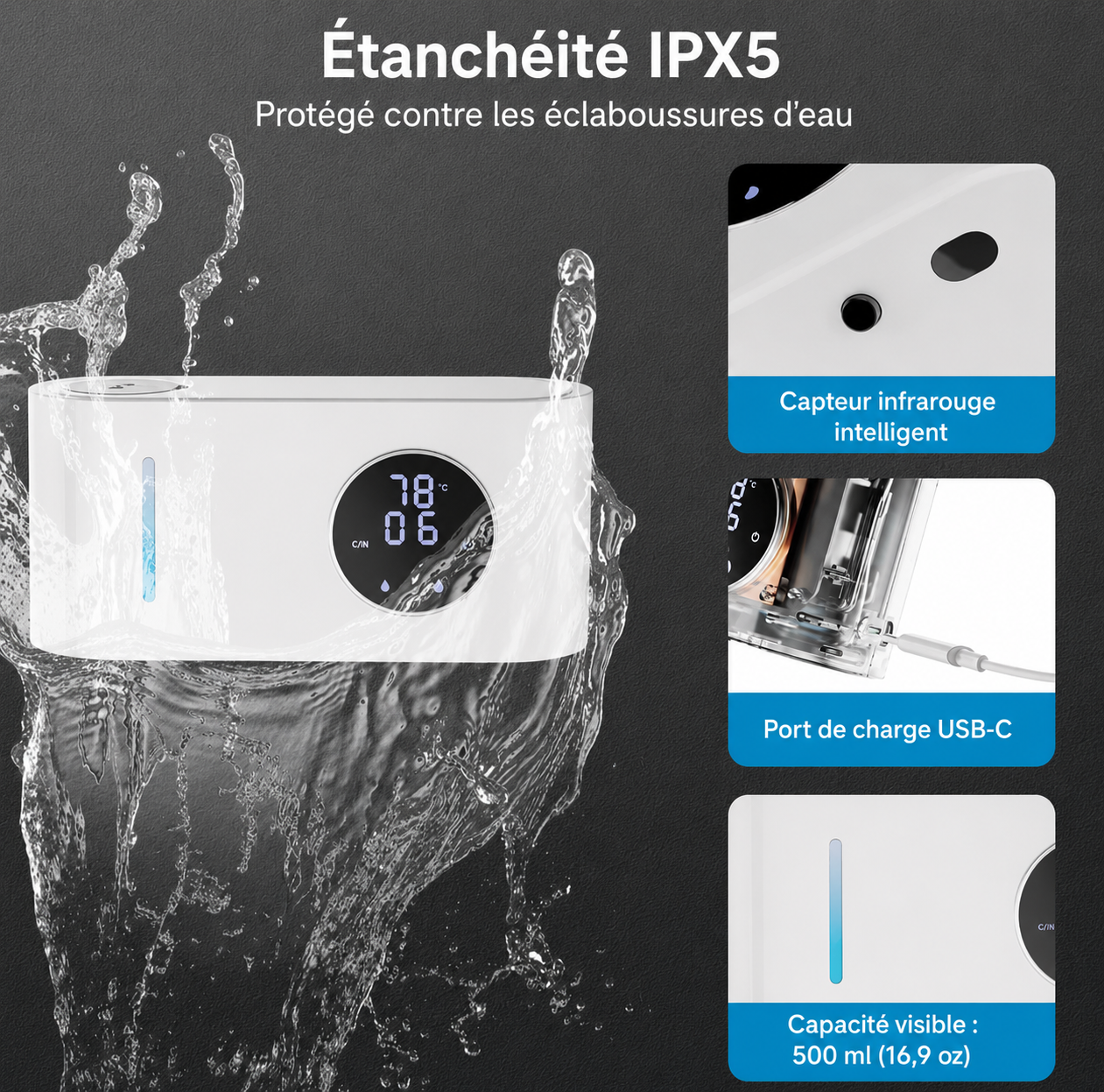 Distributeur automatique de savon rechargeable USB – 500 mL
