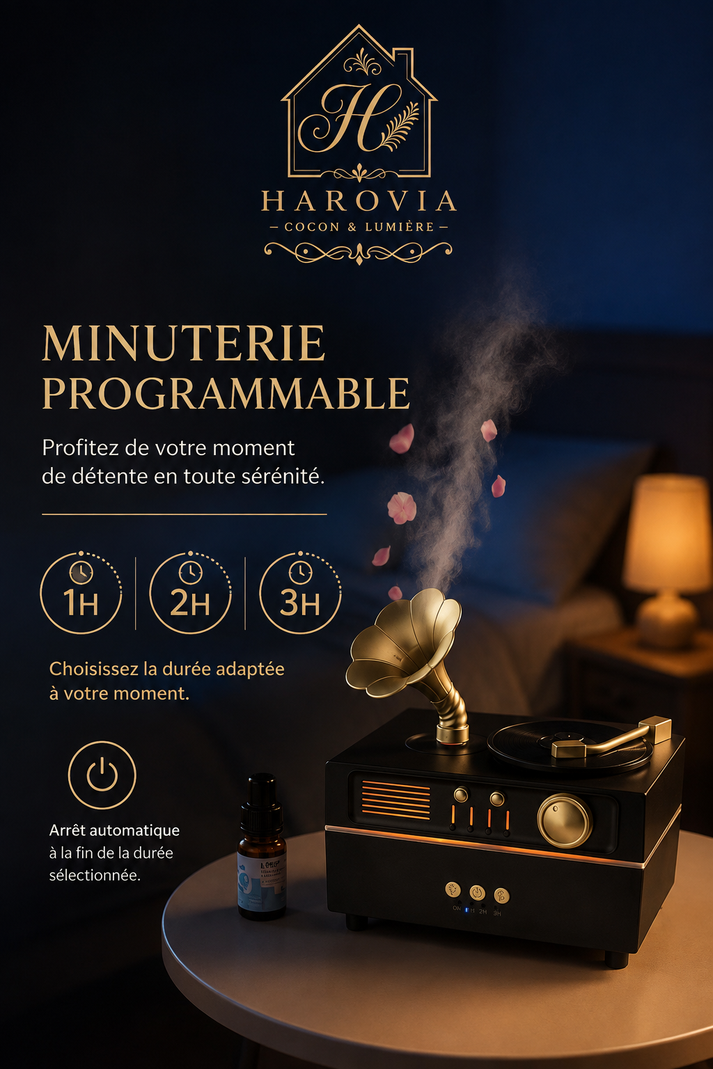 Diffuseur Ultrasonique Phonographe Rétro – Aromathérapie, Lumière d’Ambiance & Enceinte Bluetooth
