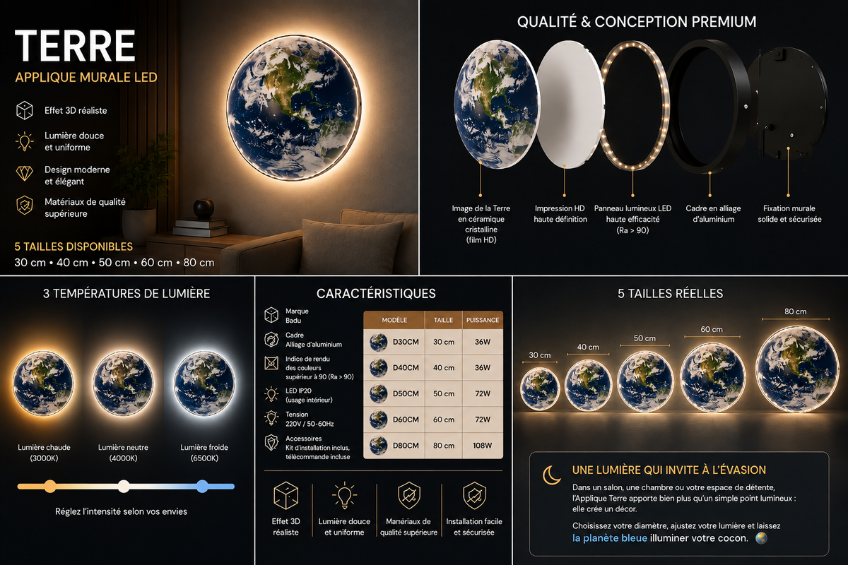 Applique Murale Terre LED – Éclairage d’Ambiance avec Télécommande