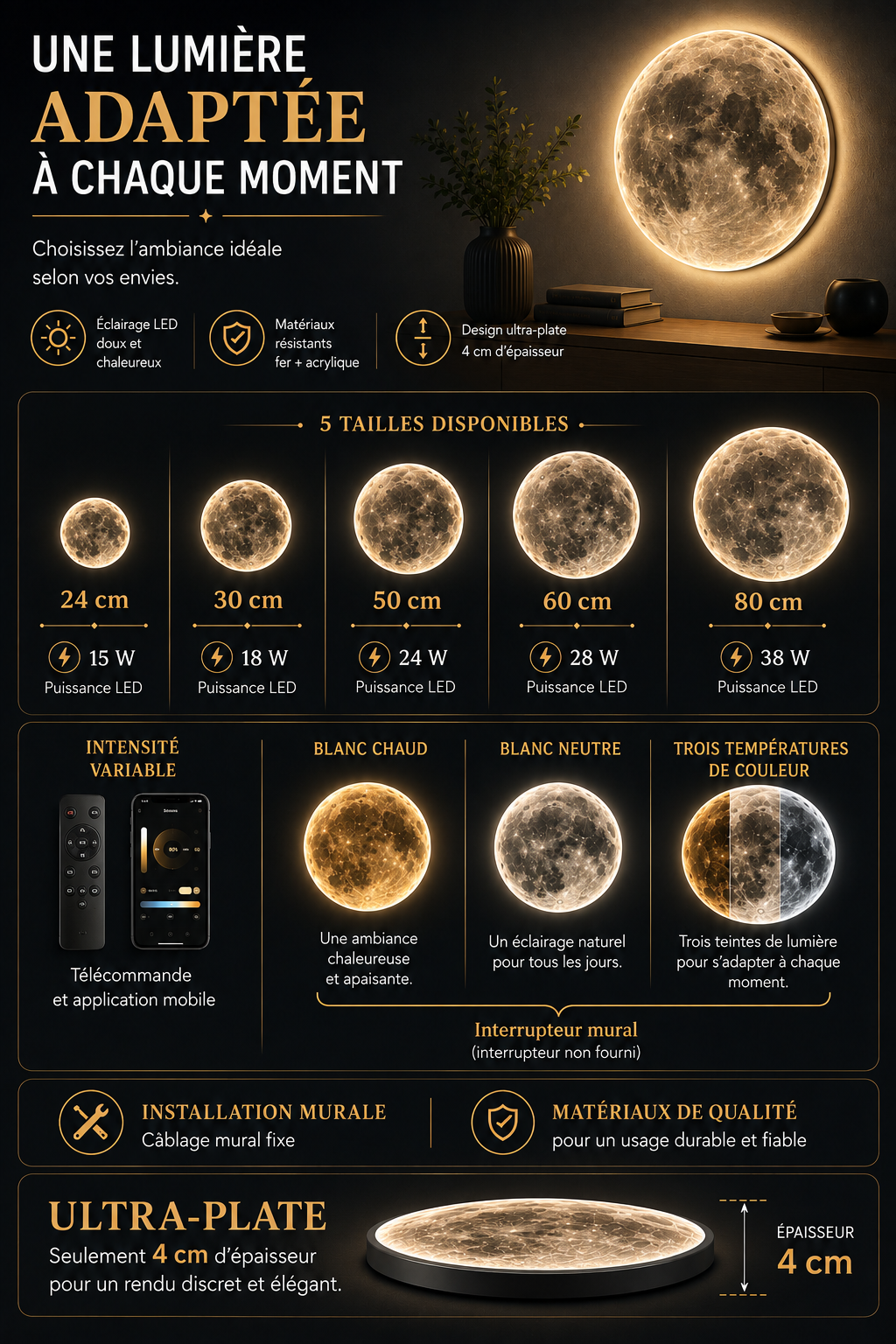 Applique Murale Lune LED – Une œuvre lumineuse pour votre intérieur