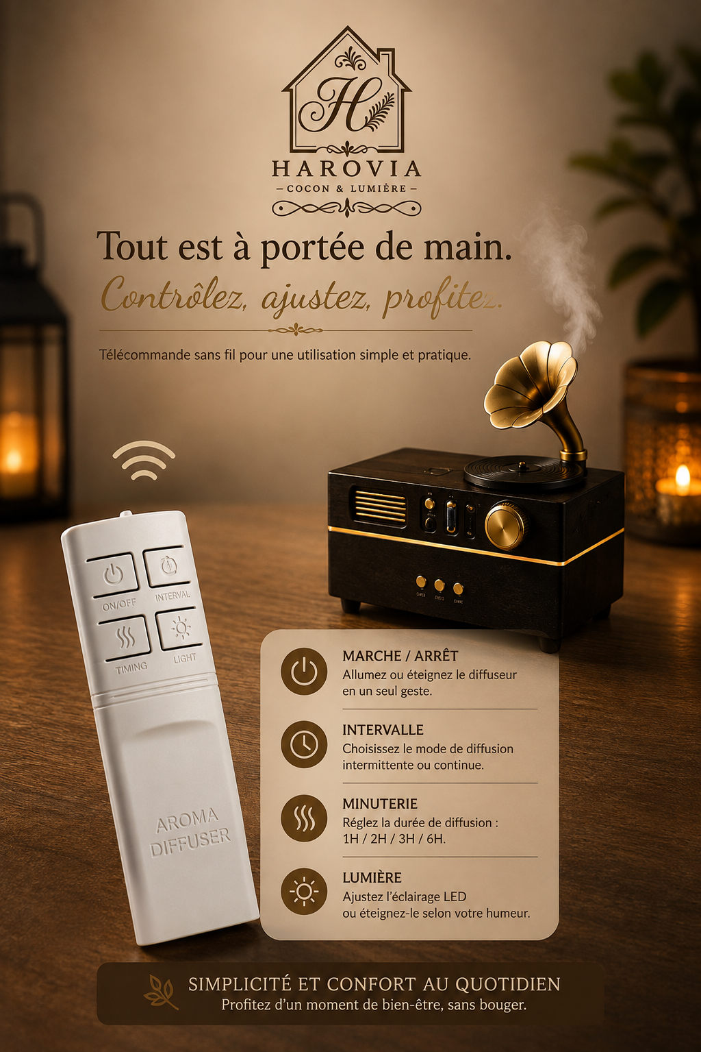 Diffuseur Ultrasonique Phonographe Rétro – Aromathérapie, Lumière d’Ambiance & Enceinte Bluetooth
