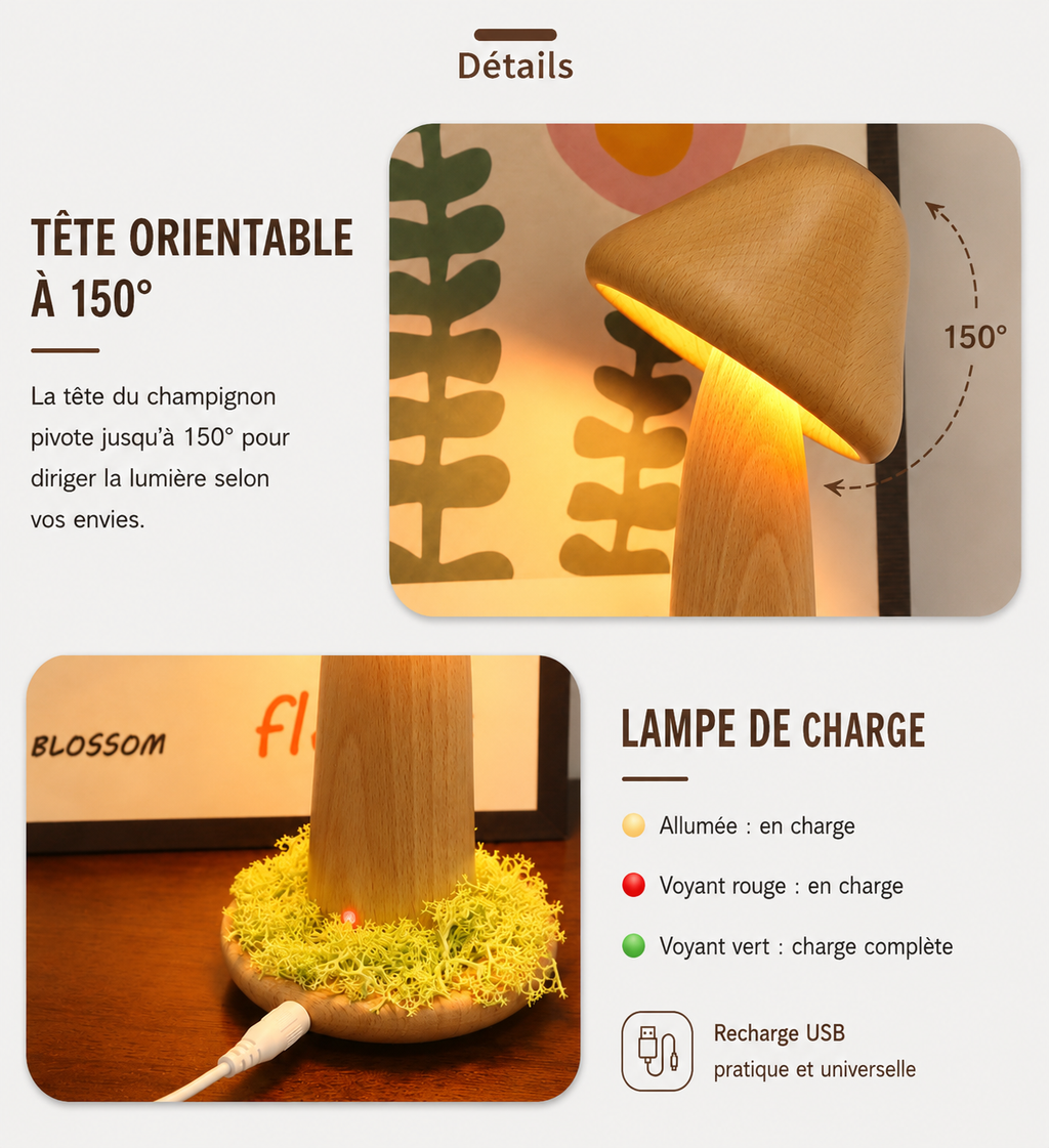 Lampe Champignon LED en Bois Massif – Rechargeable & Tête Orientable