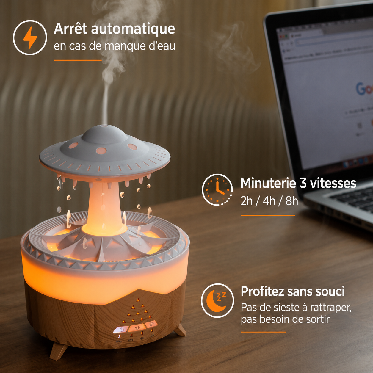 Humidificateur d'Air - Effet Pluie Relaxant & Diffuseur d'Huiles Essentielles