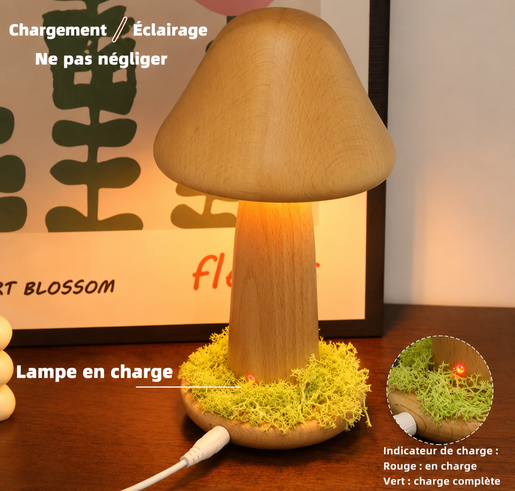 Lampe Champignon LED en Bois Massif – Rechargeable & Tête Orientable