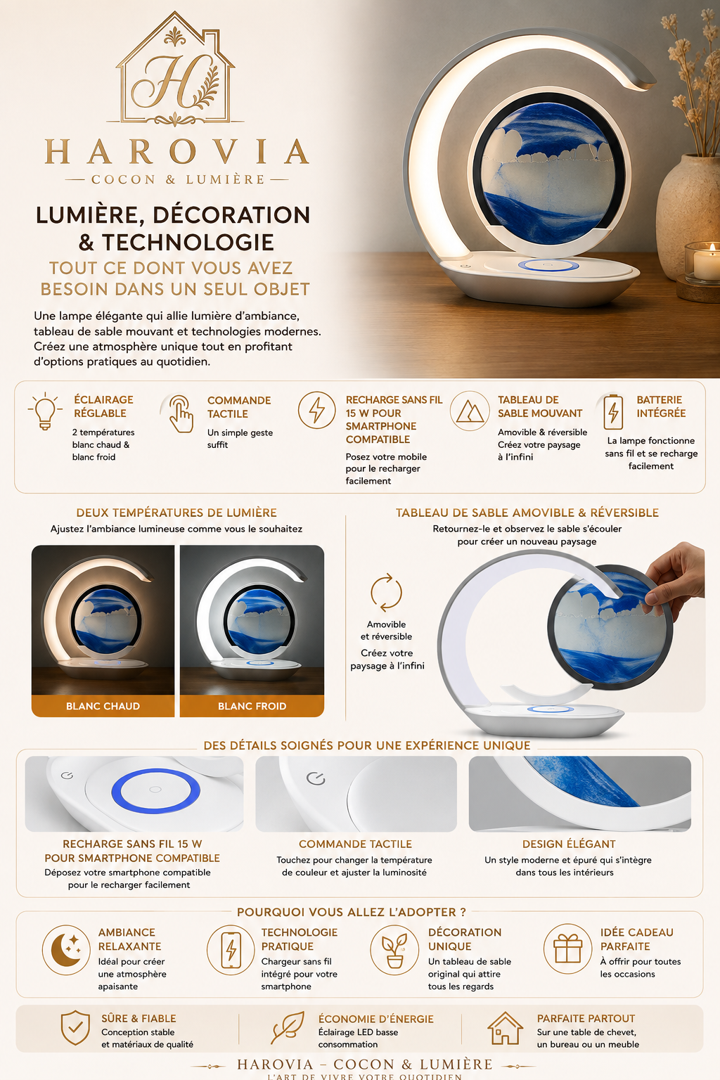 Lampe d'Ambiance Sable Mouvant & Charge sans fil 15 W