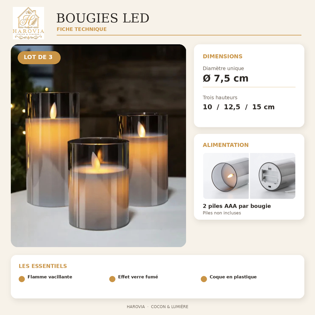 Bougies LED effet verre fumé -  Lot de 3
