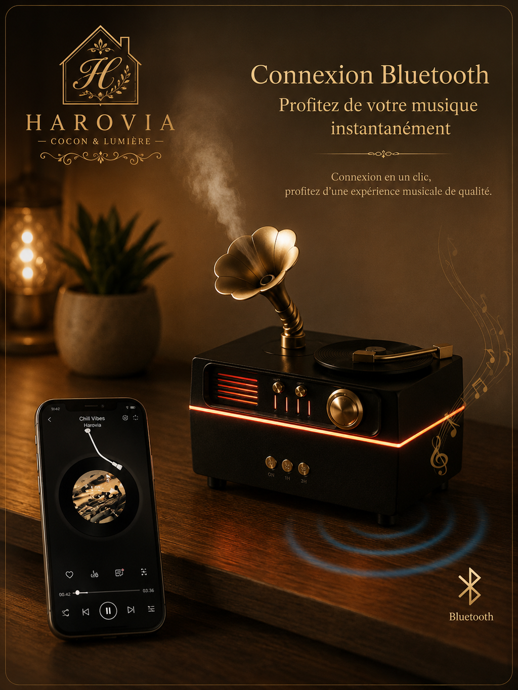Diffuseur Ultrasonique Phonographe Rétro – Aromathérapie, Lumière d’Ambiance & Enceinte Bluetooth
