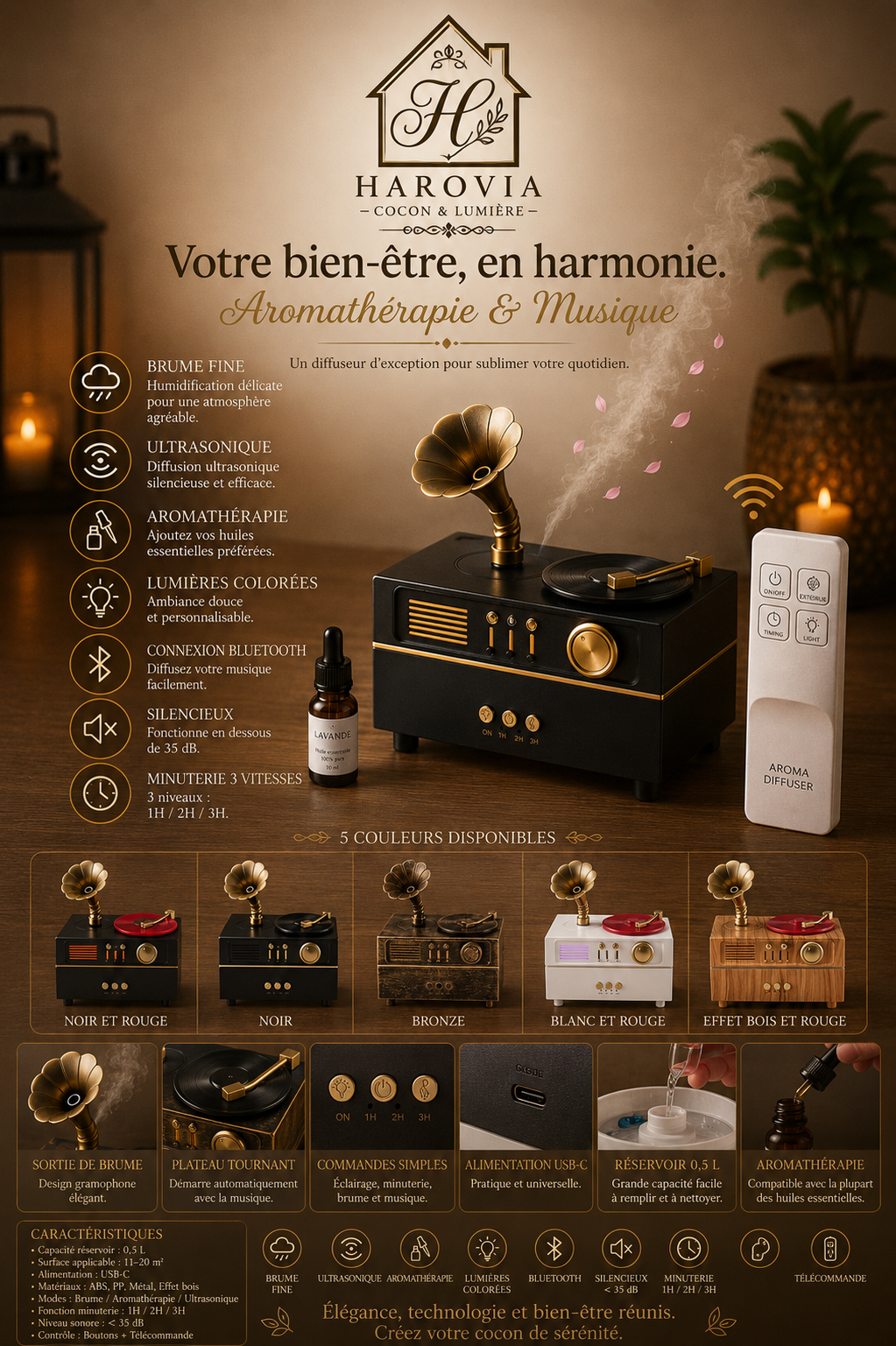 Diffuseur Ultrasonique Phonographe Rétro – Aromathérapie, Lumière d’Ambiance & Enceinte Bluetooth
