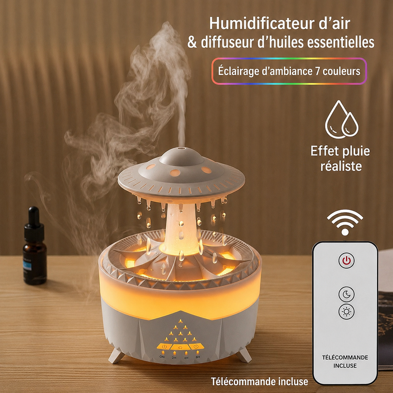 Humidificateur d'Air - Effet Pluie Relaxant & Diffuseur d'Huiles Essentielles