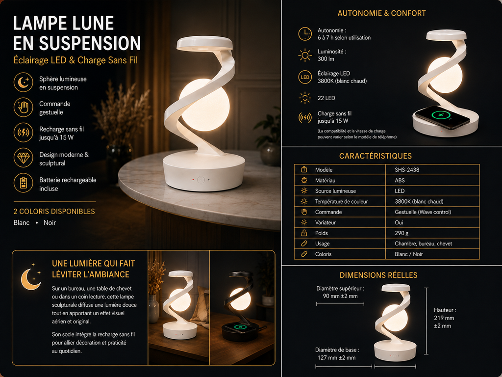 Lampe Lune en Suspension – Éclairage & Charge Sans Fil